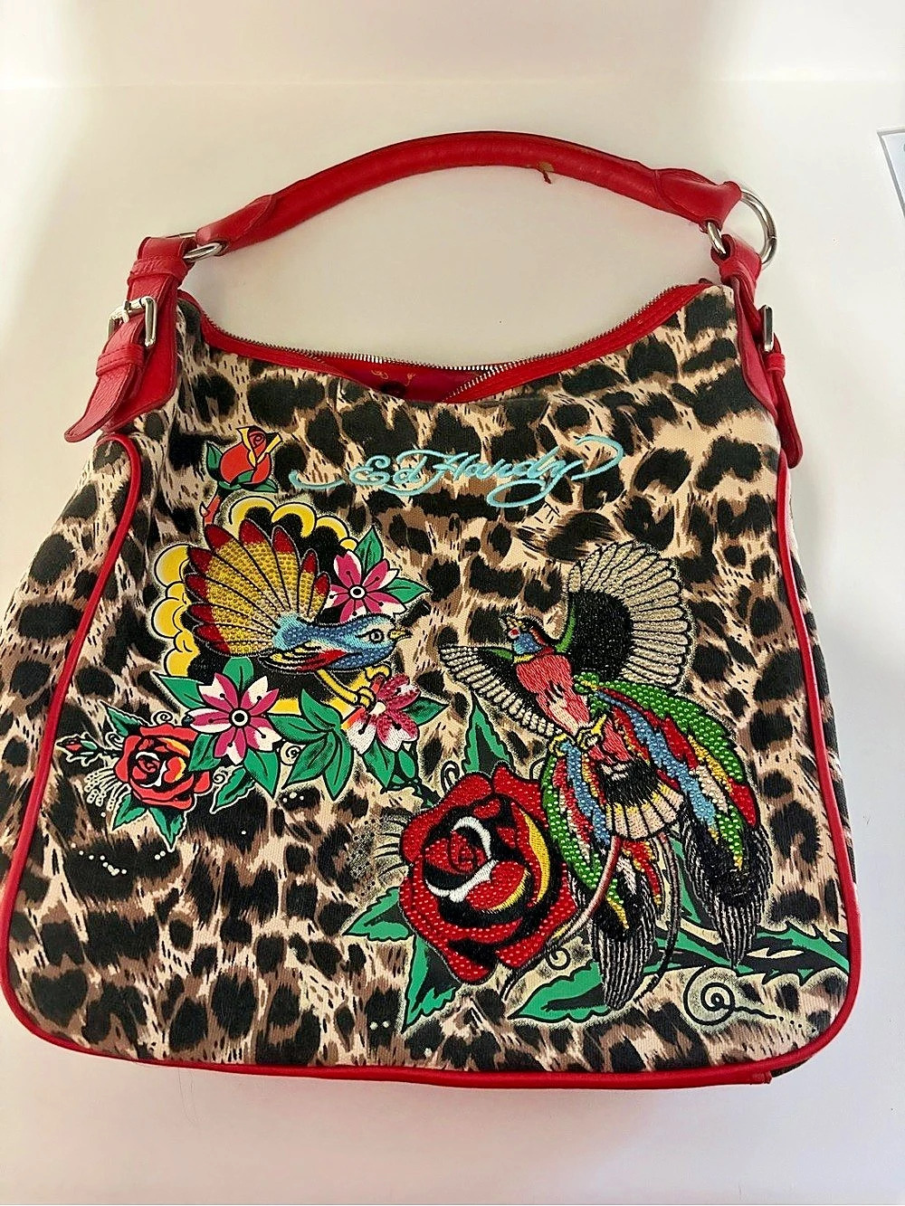 Ed Hardy Leopard Print Embroidered Shoulder Bag in Red & Brown